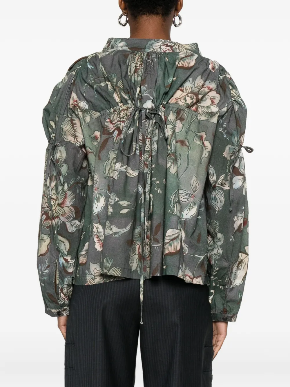 Hannes Roether Floral-print Tie-neck Top In Green