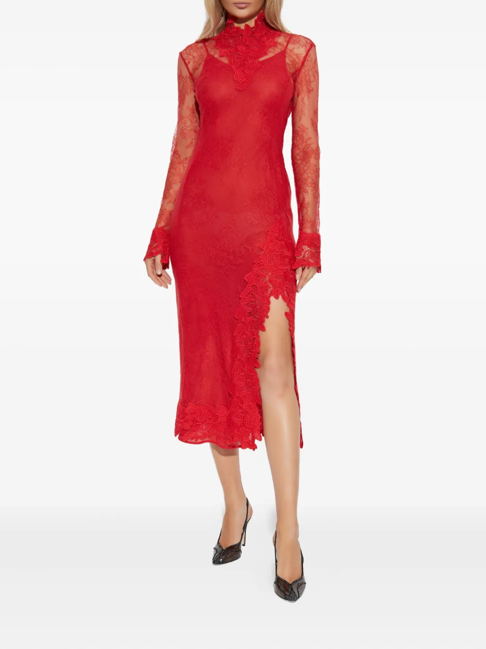 Blumarine Jurk met hoge hals en kant - Rood