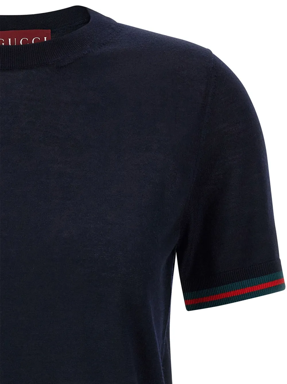 Gucci Blue T-shirt With Web Detail On The Edges In Cashmere And Silk Blend Woman In Blue