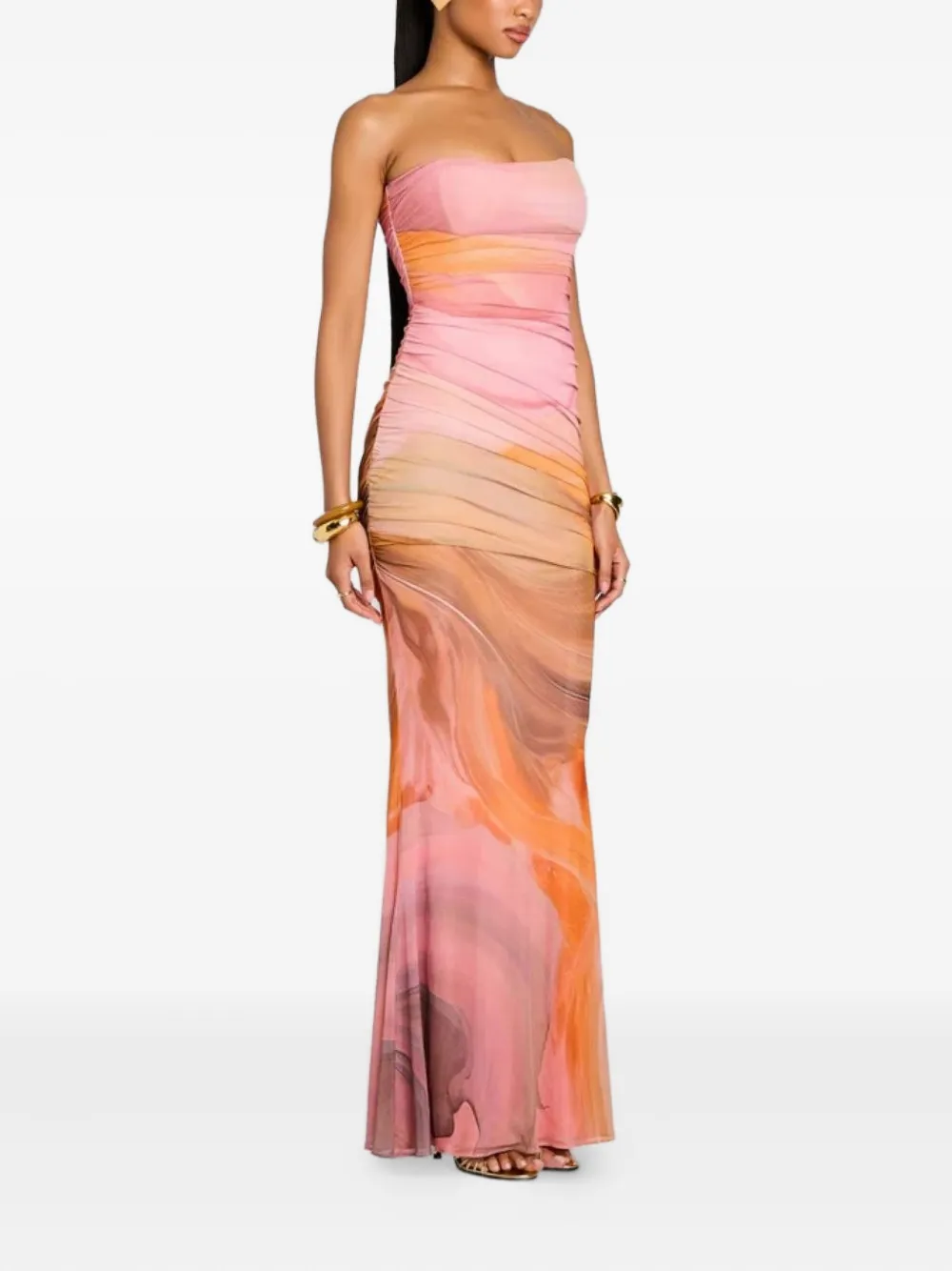 Retroféte Isadore Strapless Ruched Fitted Maxi Dress In Orange