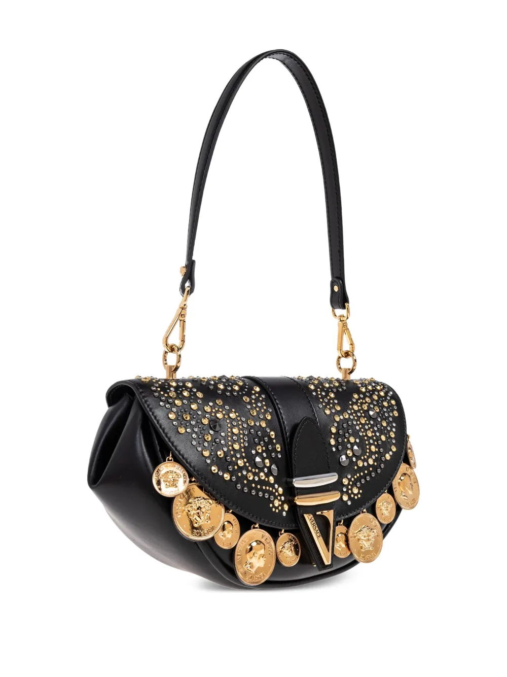 Versace Virtus Medium Coin-embellished Leather Shoulder Bag In Black