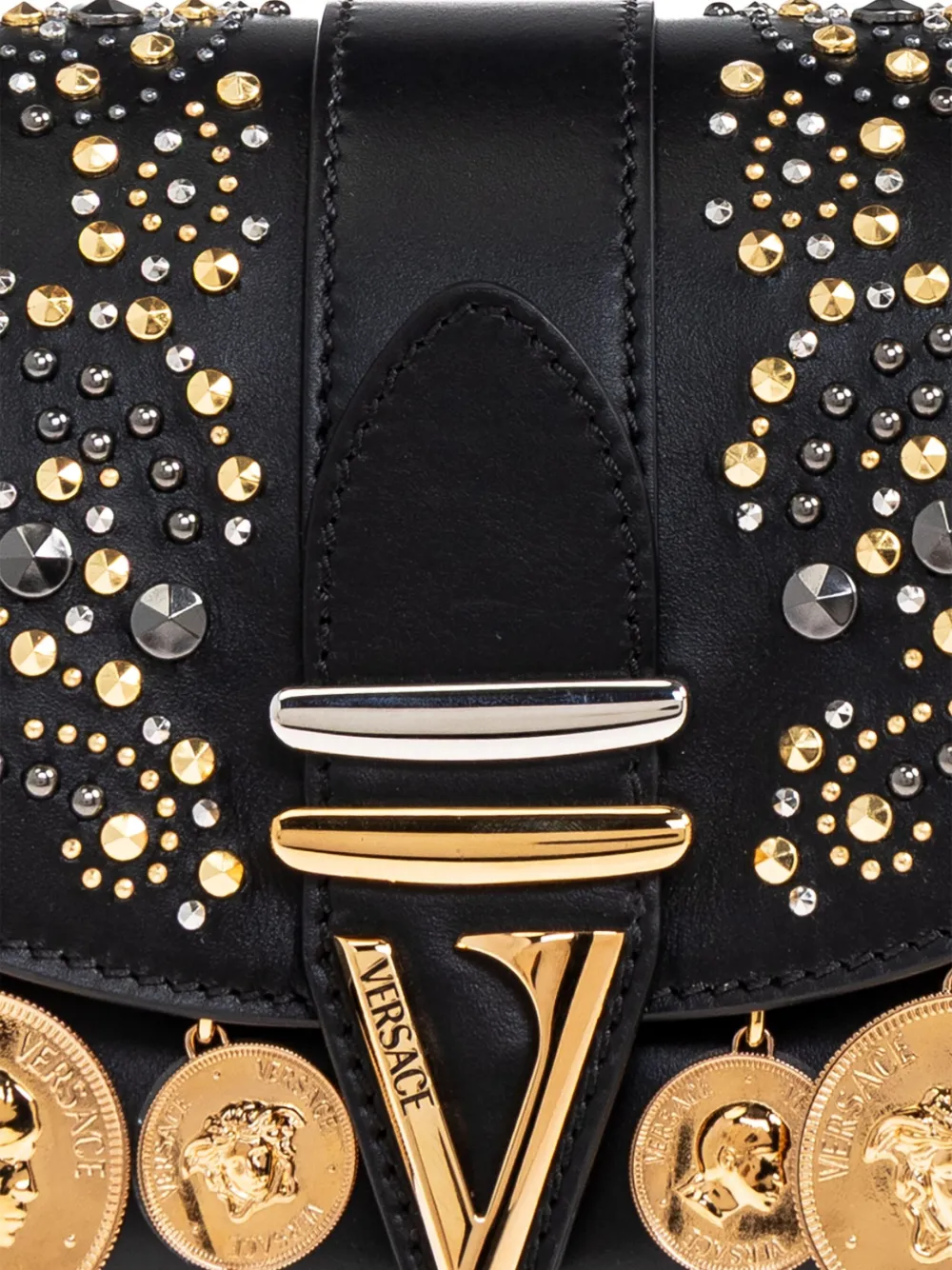 Versace Virtus Medium Coin-embellished Leather Shoulder Bag In Black