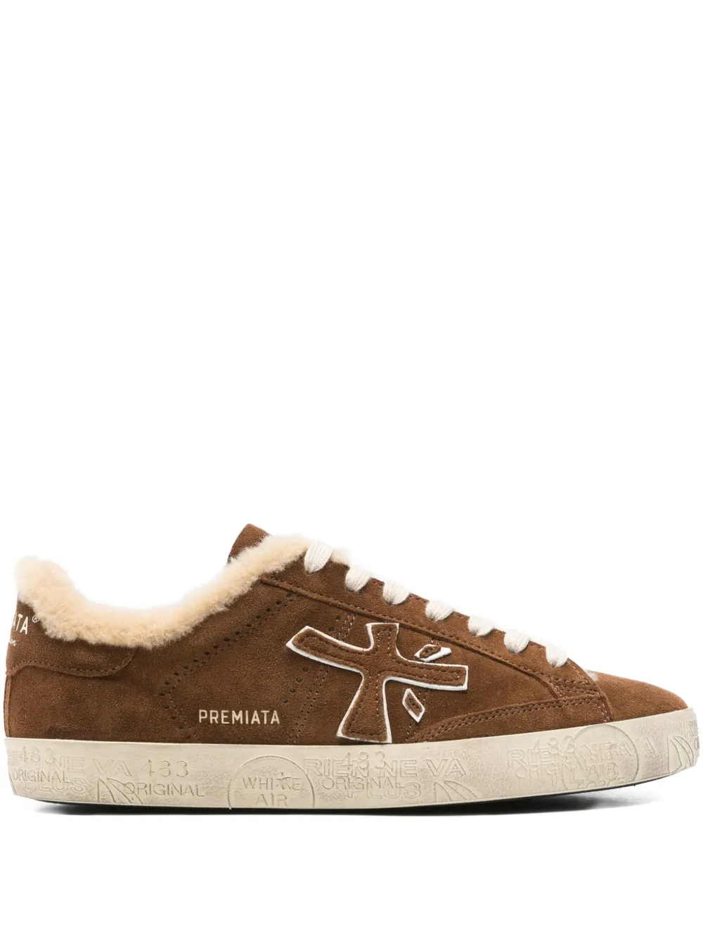 Premiata Steven Faux-fur Trimmed Sneakers In Brown