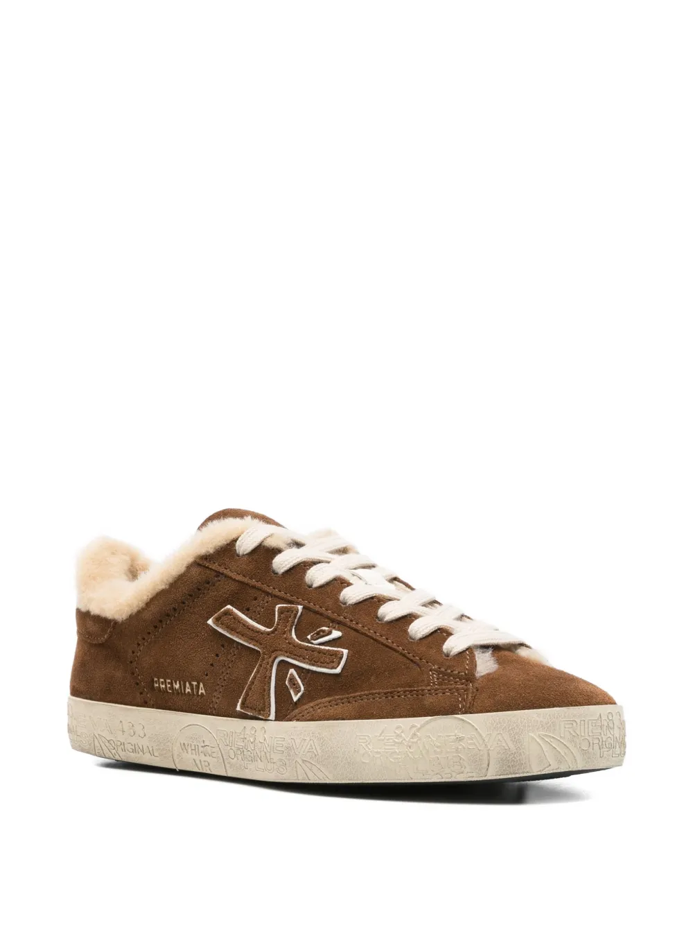 Premiata Steven Faux-fur Trimmed Sneakers In Brown