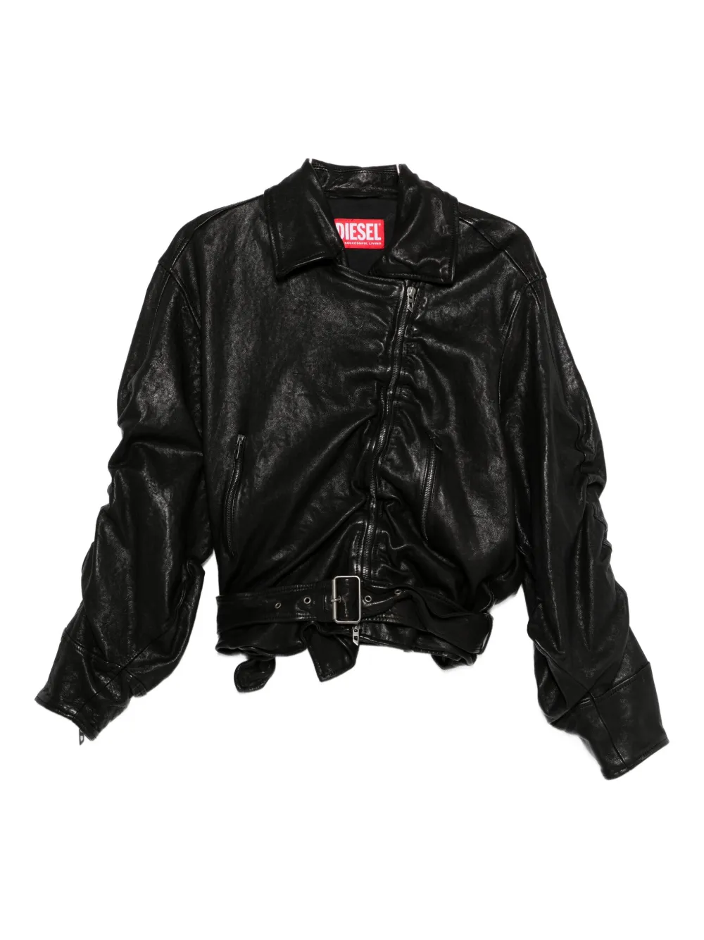 Diesel Asymmetric-zip Belted Leather Jacket In Black