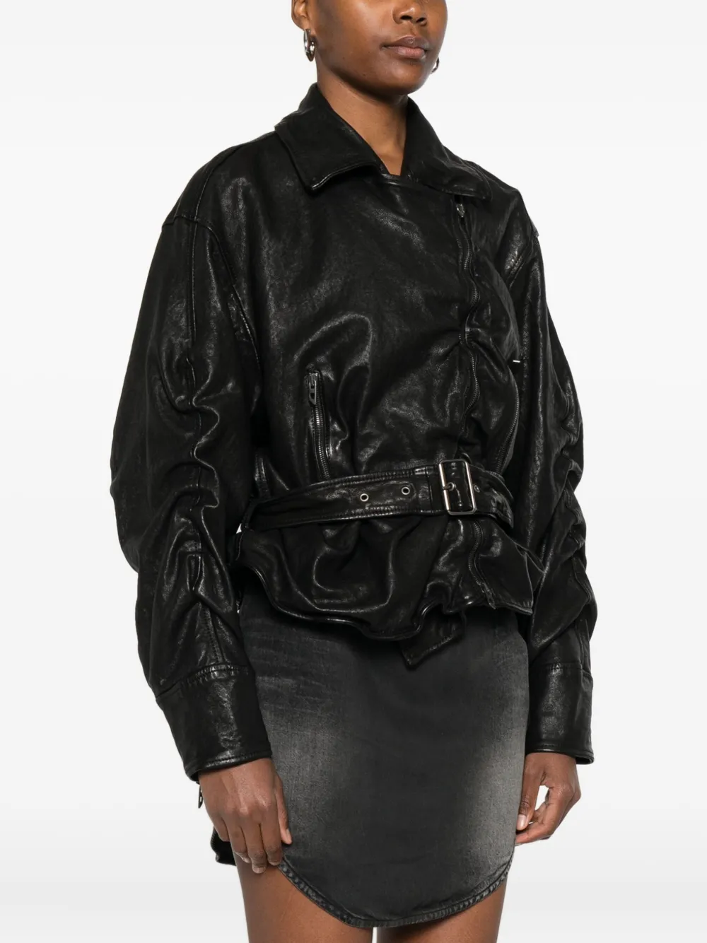 Diesel Asymmetric-zip Belted Leather Jacket In Black