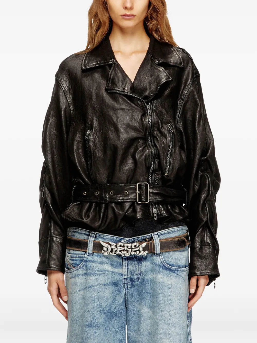 Diesel Leren jack met ceintuur en asymmetrische rits Zwart