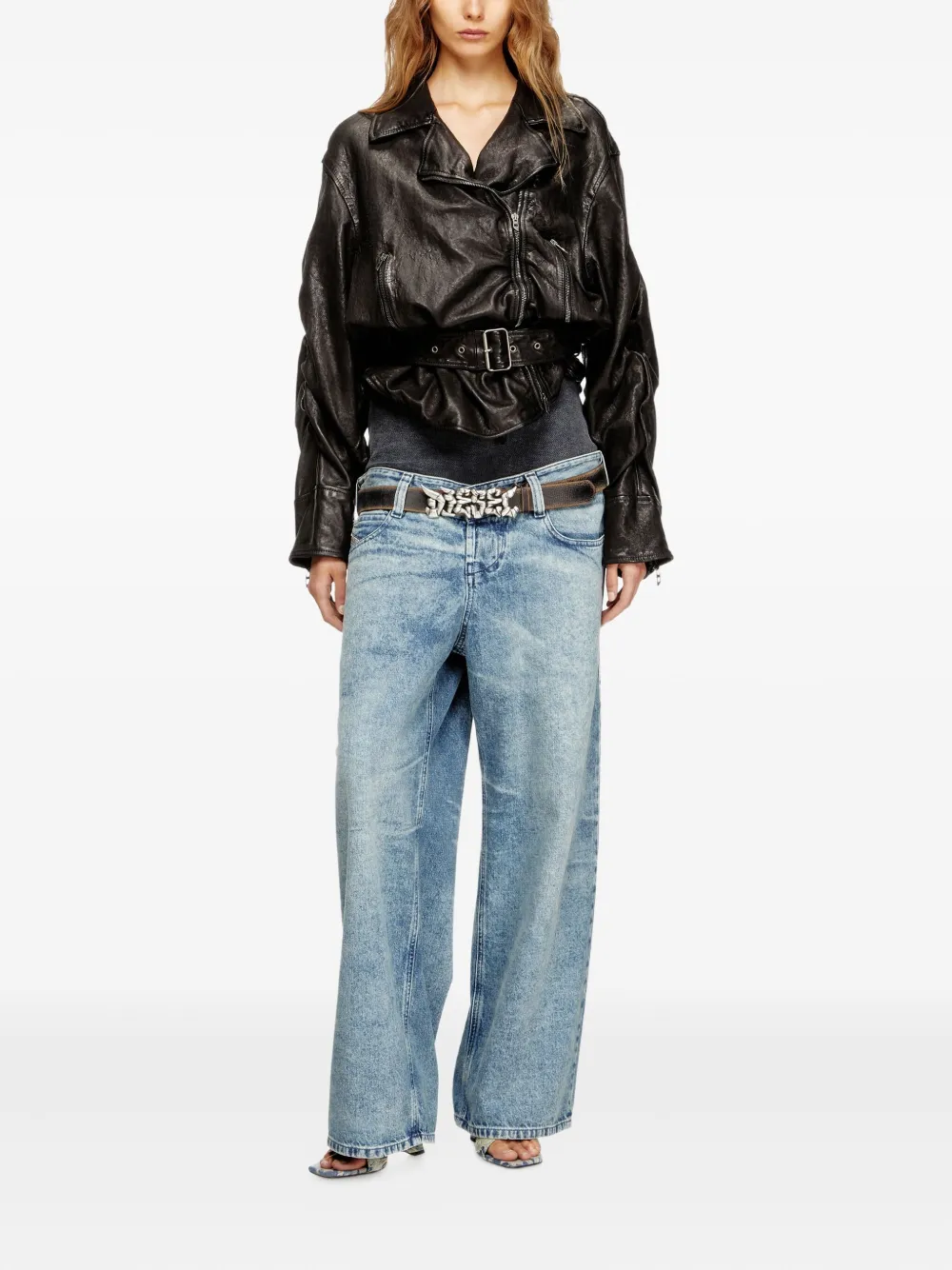 Diesel Jaqueta de couro com zíper assimétrico e cinto | Jaqueta de couro | Image 2