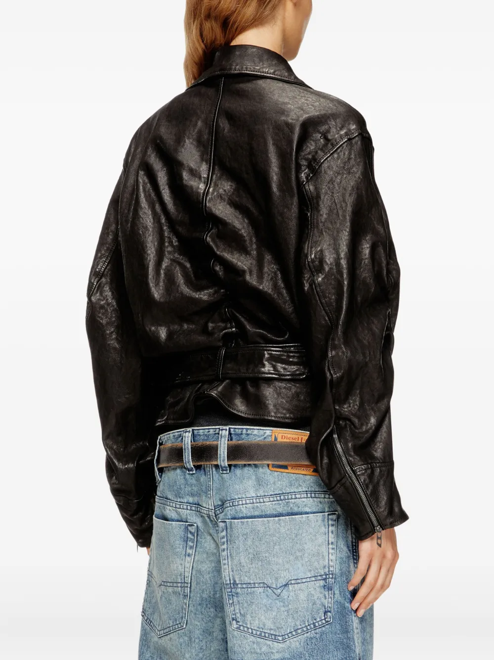 Diesel Leren jack met ceintuur en asymmetrische rits Zwart