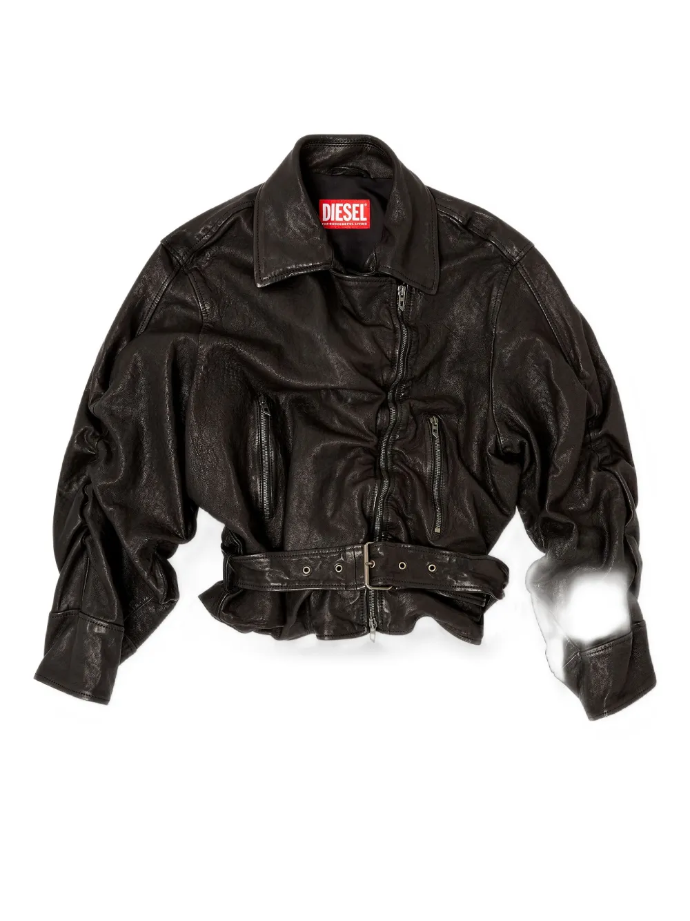 Diesel Jaqueta de couro com zíper assimétrico e cinto | Preto | Image 1