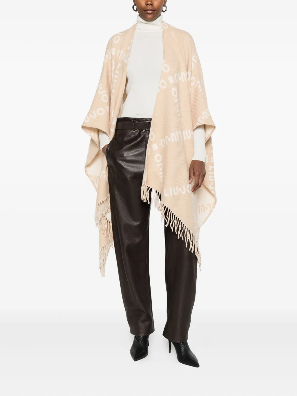 Liu •jo Logo-pattern Fringed Cape In Neutral