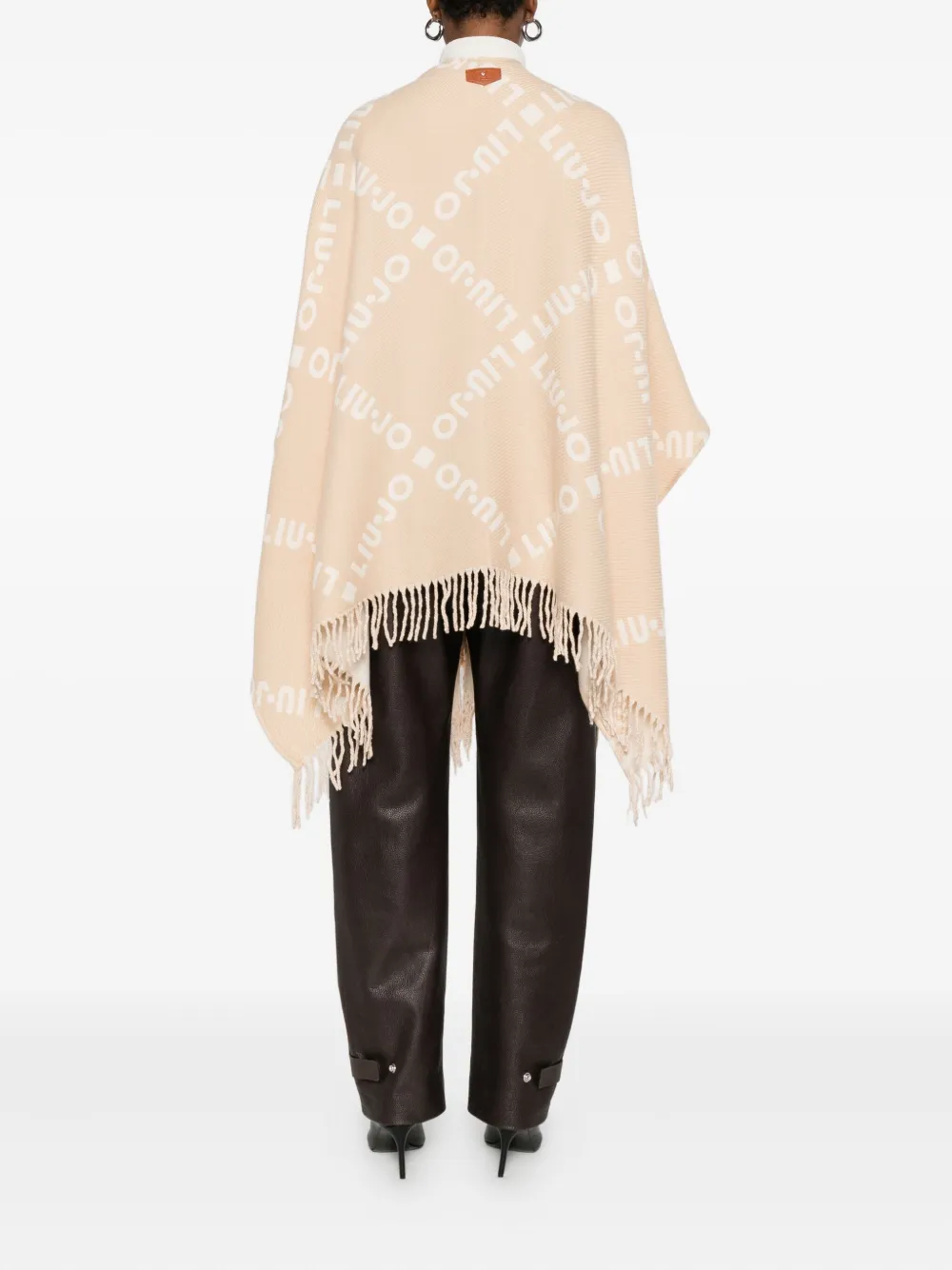 Liu •jo Logo-pattern Fringed Cape In Neutral