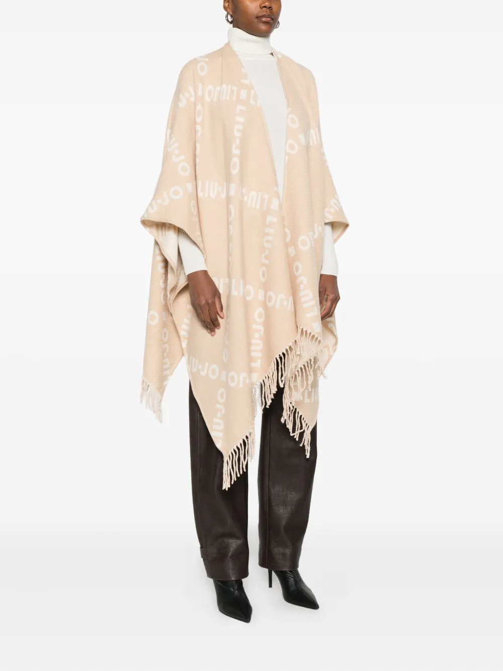 Liu •jo Logo-pattern Fringed Cape In Neutral