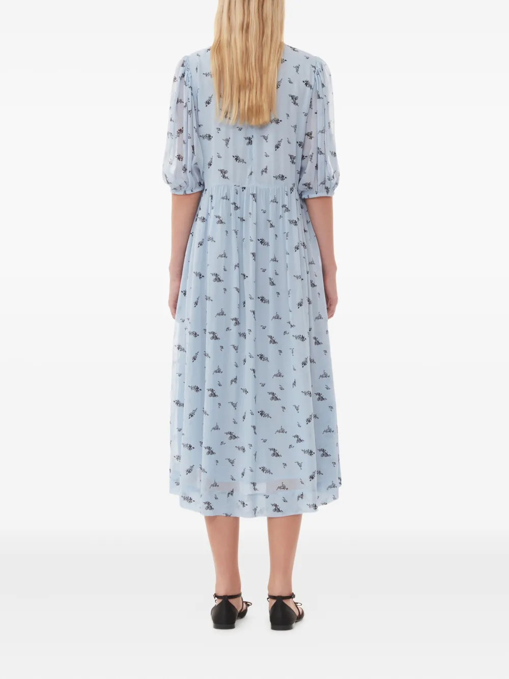 GANNI puffed-sleeve floral dress - Blauw