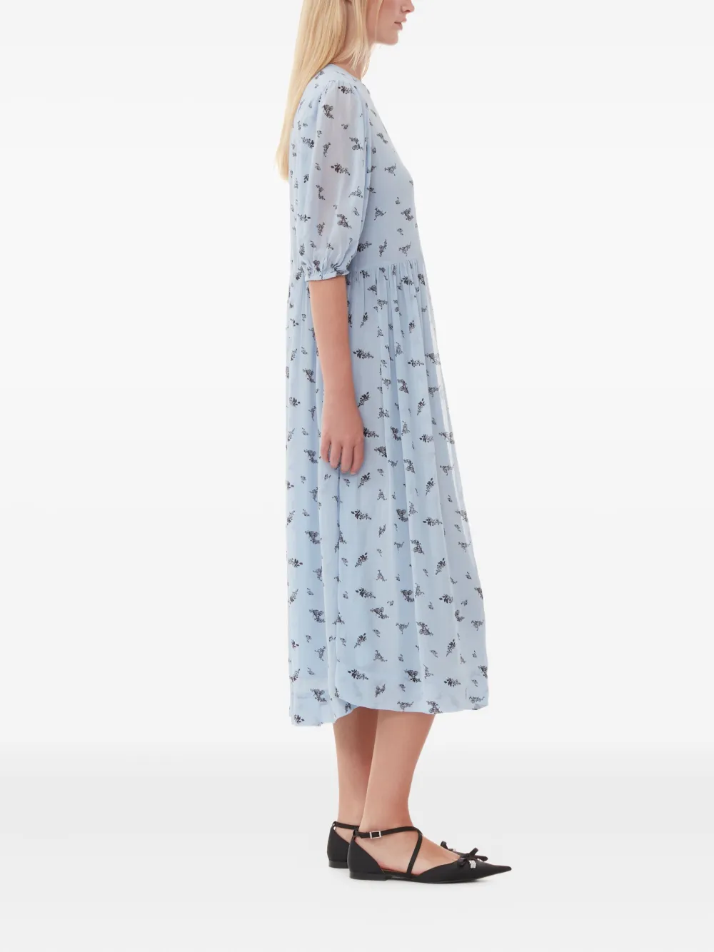 GANNI Jurk met pofmouwen en bloemen Blauw