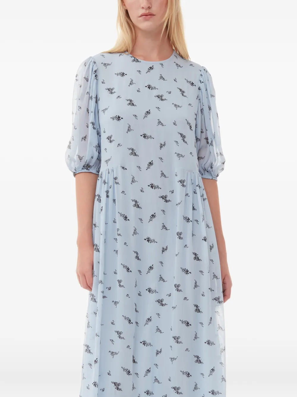 GANNI Jurk met pofmouwen en bloemen Blauw