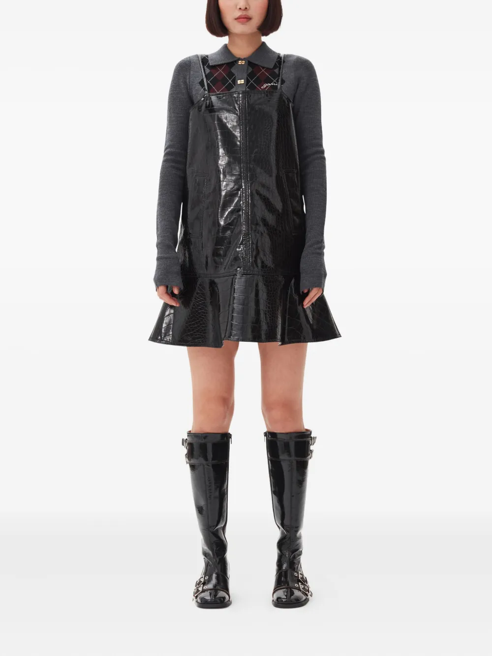 GANNI crocodile-effect flared mini day dress - Zwart