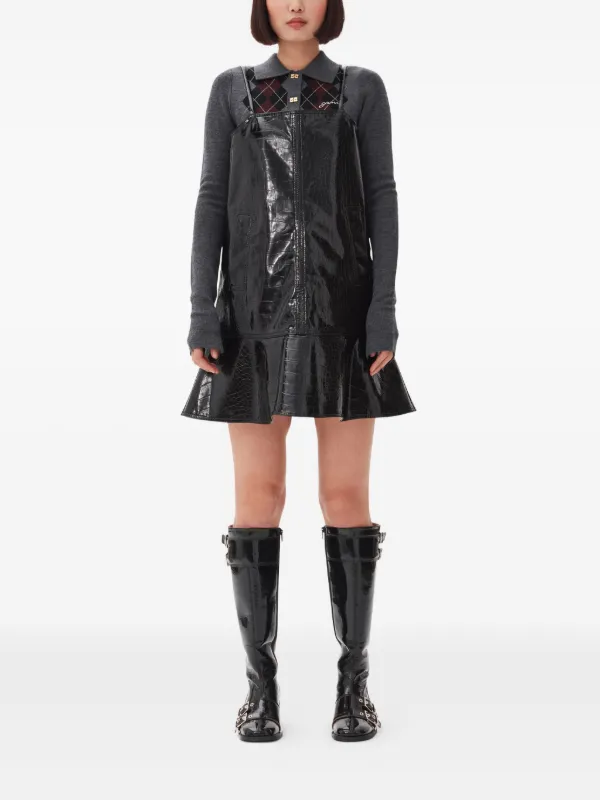 GANNI crocodile-effect Flared Mini Day Dress | Black | FARFETCH GE