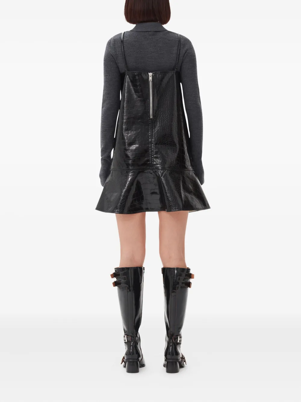 GANNI Flared mini-jurk met krokodillen-reliëf Zwart