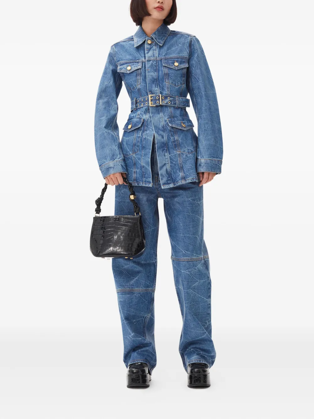 GANNI Denim jack met ceintuur en lange mouwen Blauw