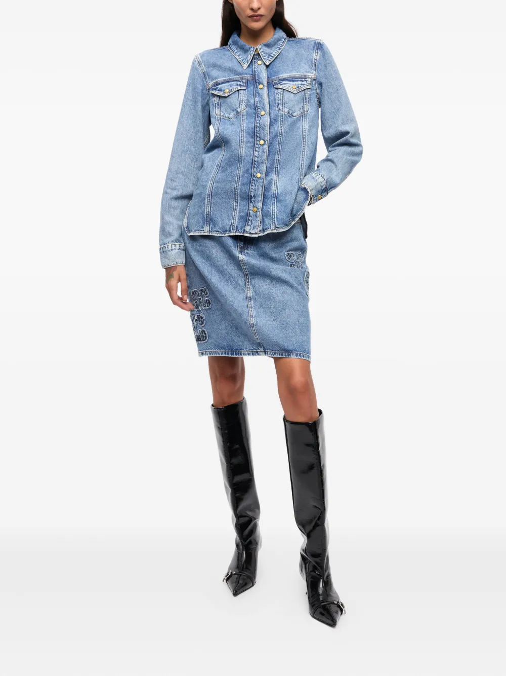 GANNI logo-patch denim shirt - Blauw