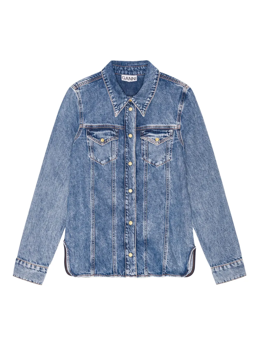 GANNI logo-patch denim shirt - Blu