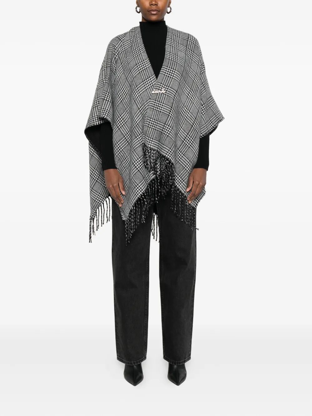 Liu •jo Houndstooth Fringed Cape In Black