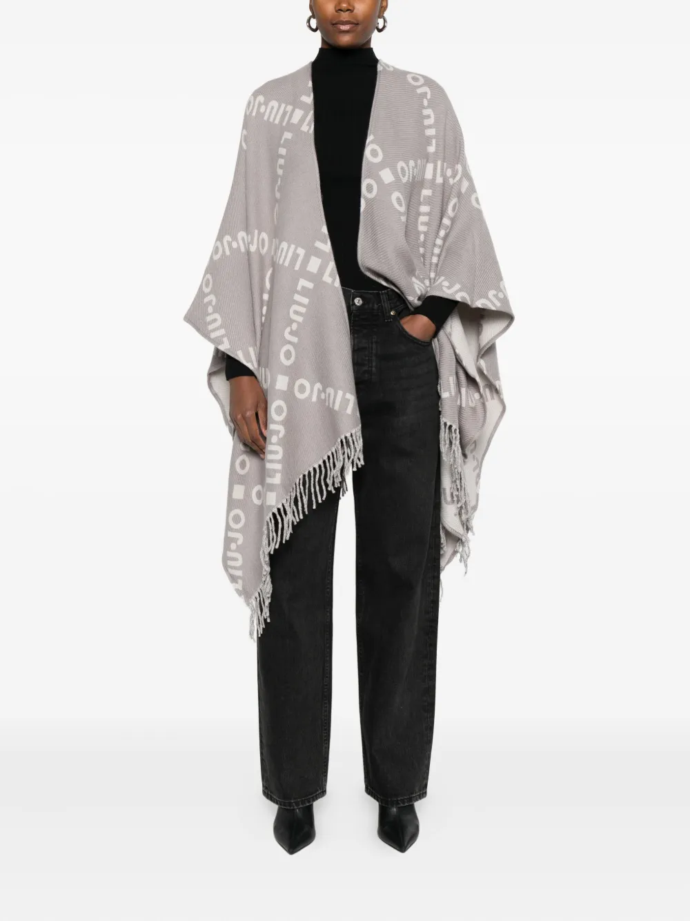 Liu •jo Logo-pattern Fringed Cape In Gray
