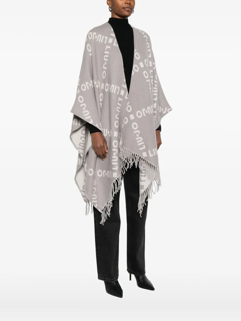 Liu •jo Logo-pattern Fringed Cape In Gray