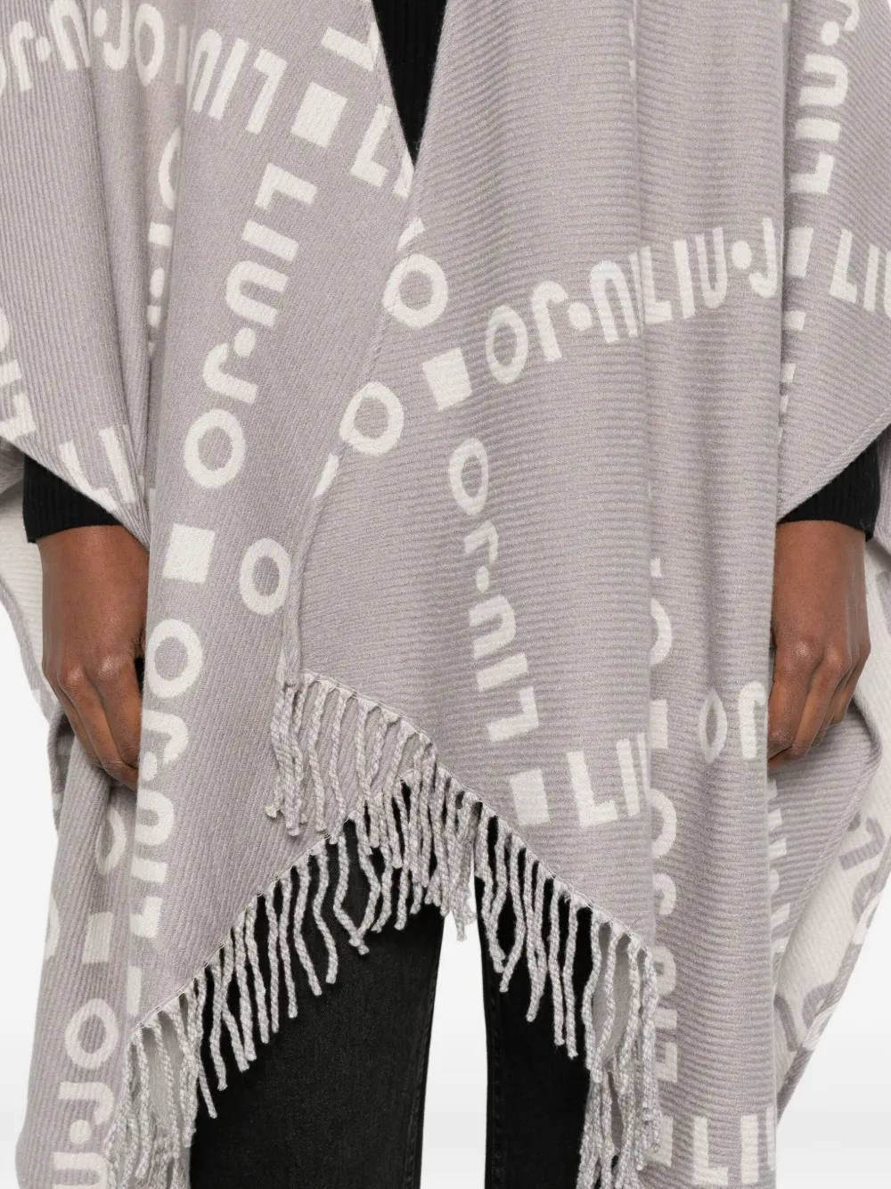 Liu •jo Logo-pattern Fringed Cape In Gray
