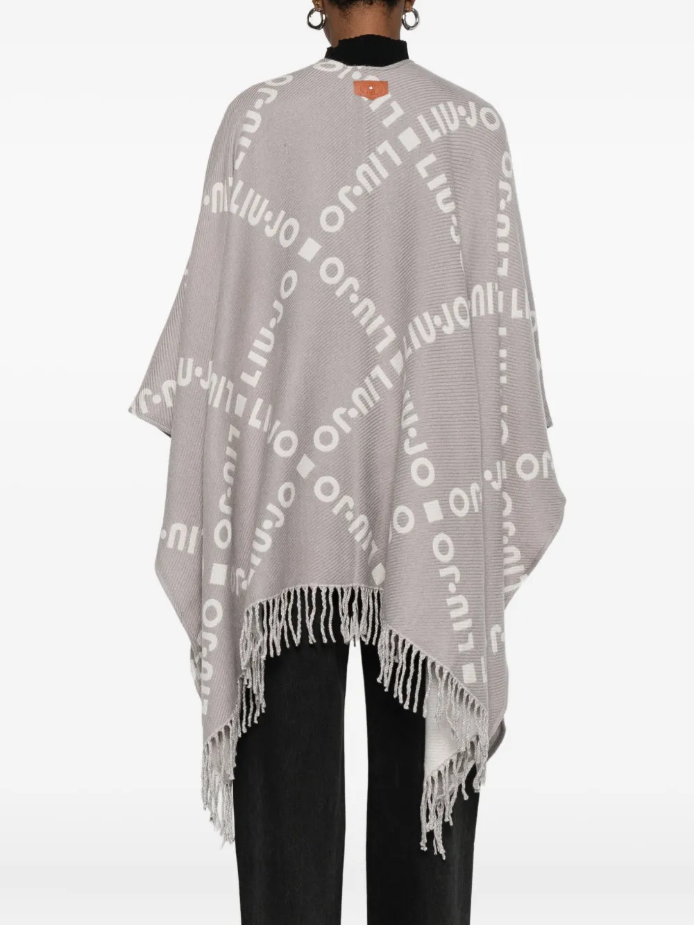 Liu •jo Logo-pattern Fringed Cape In Gray