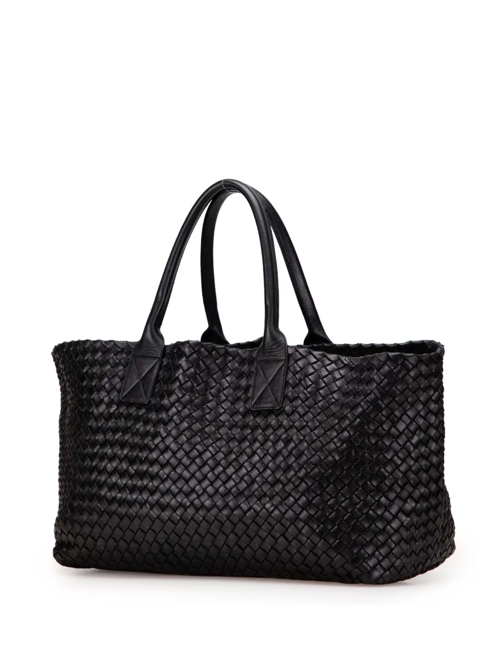 Pre-owned Bottega Veneta 2000-2007 Medium Lambskin Intreccio Cabat Tote Bag In Black