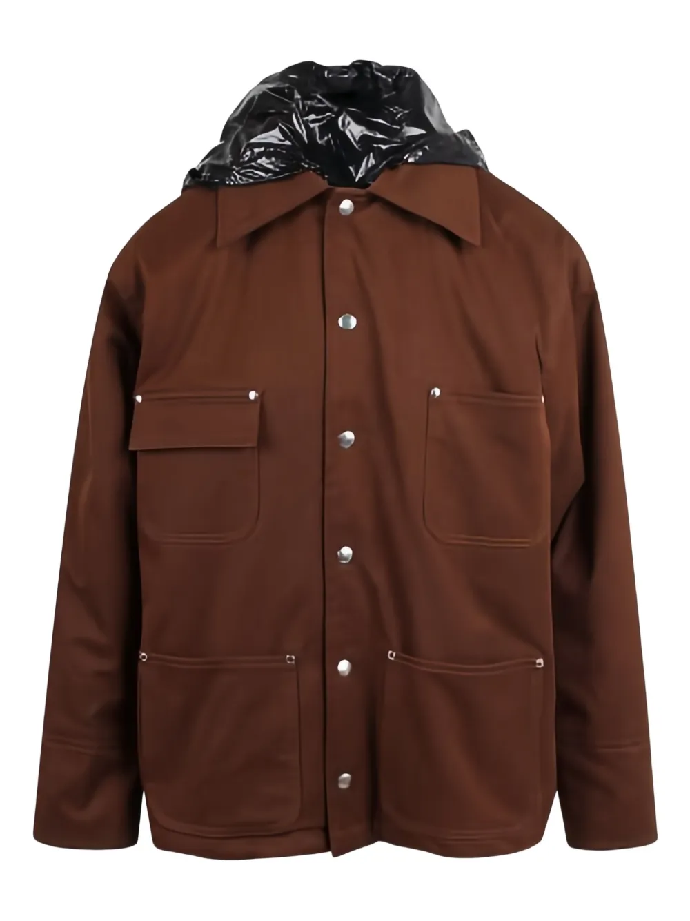Plan C Padded Cargo Flap-pocket Hooded Jacket In Brown