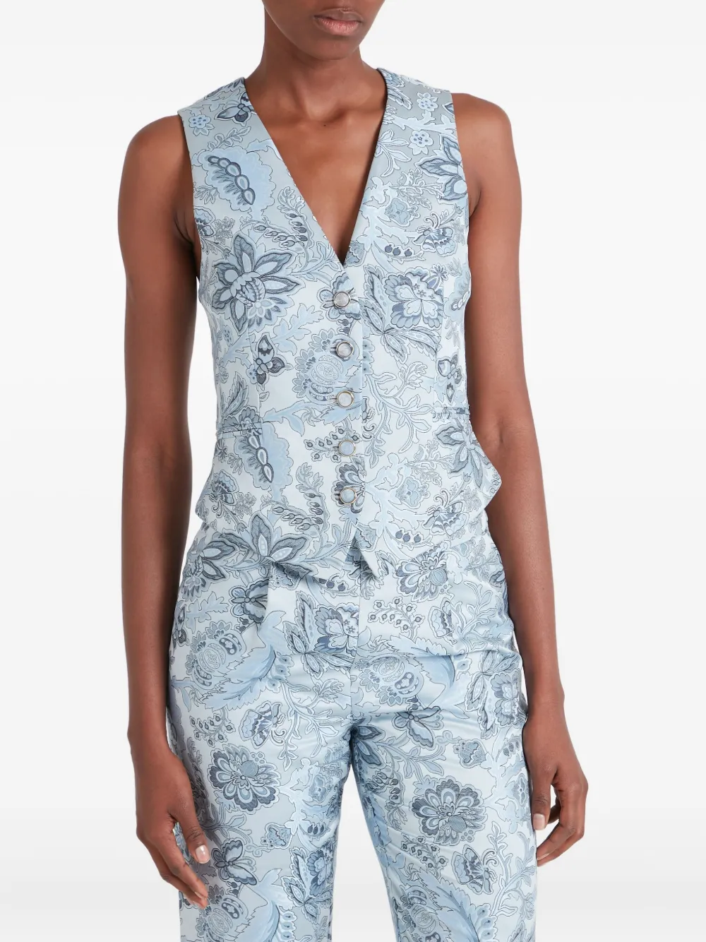 Temperley London Floral-print Button Waistcoat In Blue