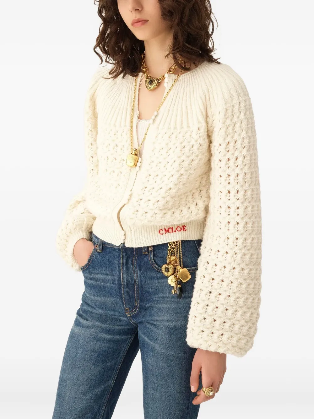 Chloé Balloon-sleeve Open-knit Cardigan In Neutral