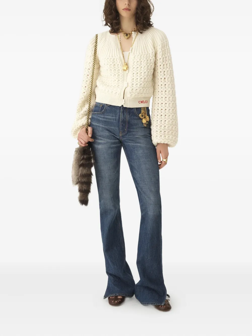 Chloé Balloon-sleeve Open-knit Cardigan In Neutral