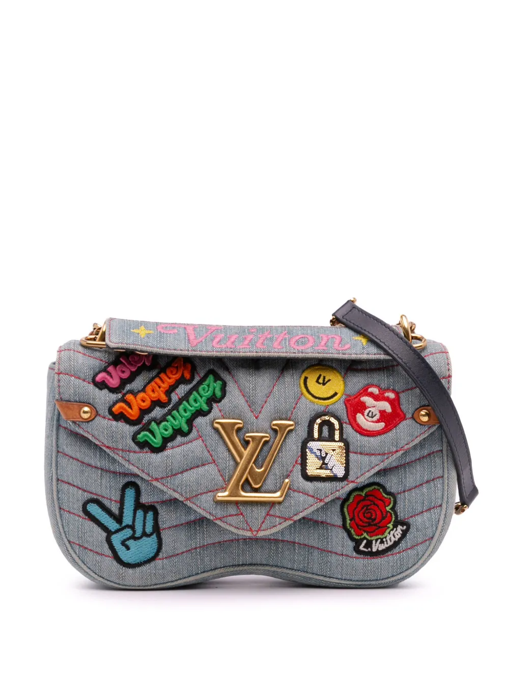 Pre-owned Louis Vuitton 2018 Limited Edition Denim Patches New Wave Chain Mm Satchel In Blue