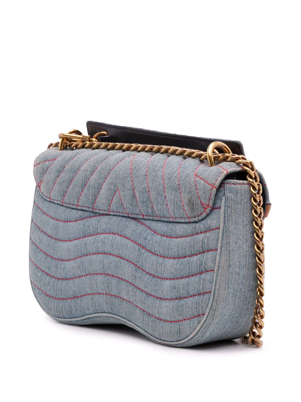 Pre-owned Louis Vuitton 2018 Limited Edition Denim Patches New Wave Chain Mm Satchel In Blue
