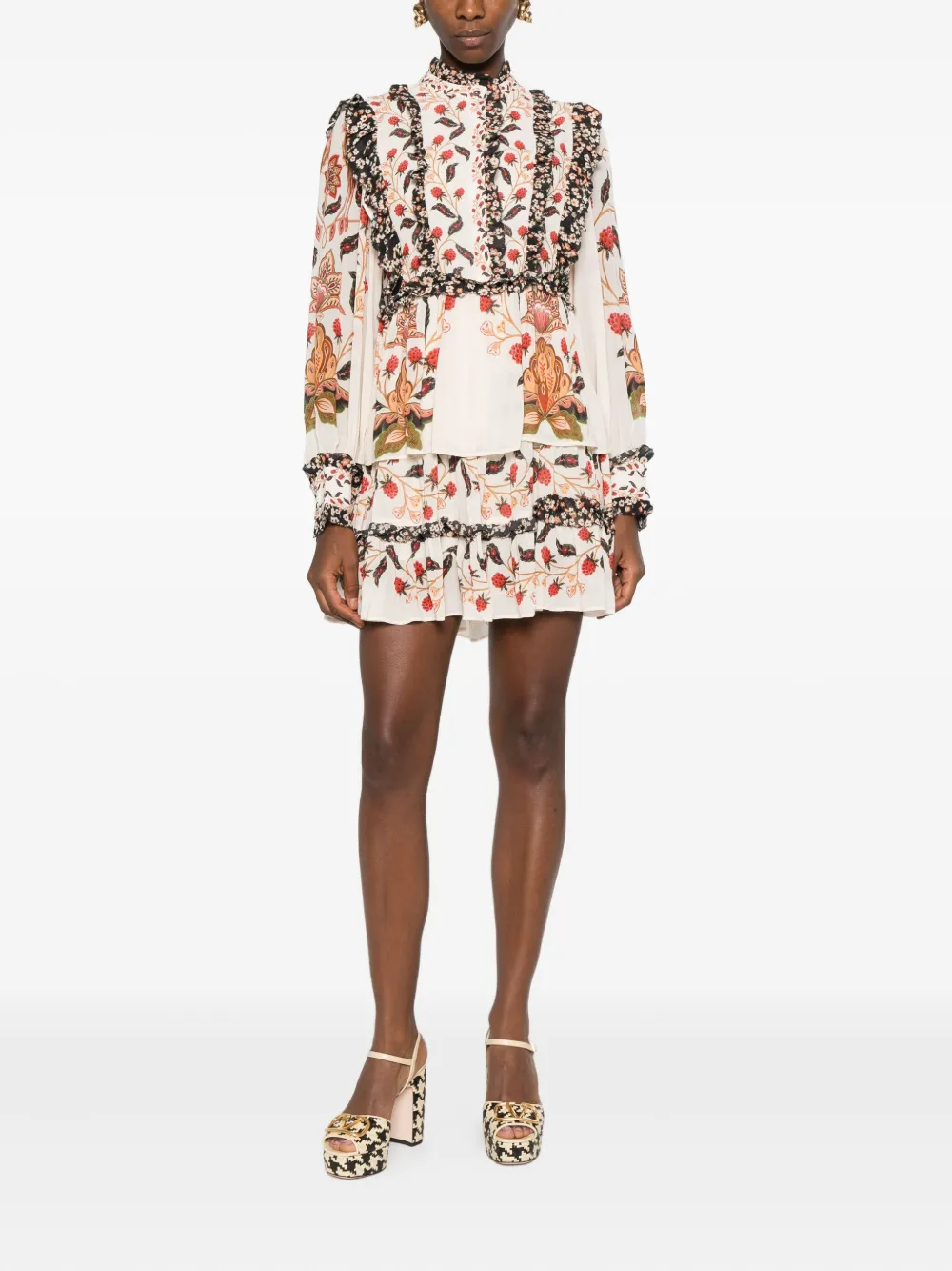 FARM Rio Jurk met bloemenprint en ruches - Beige