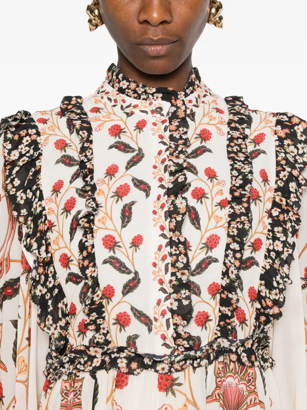 FARM Rio Jurk met bloemenprint en ruches Beige