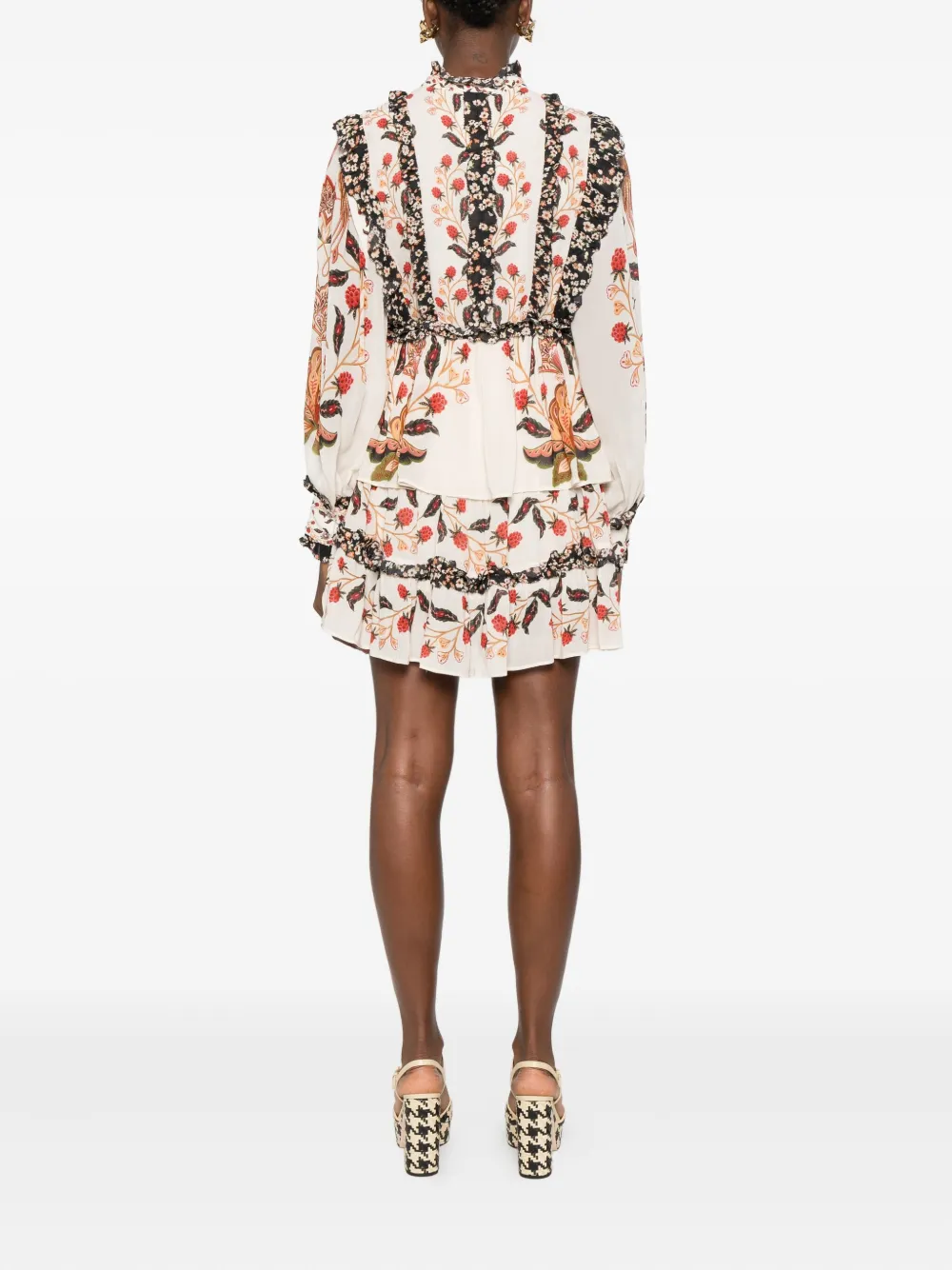 FARM Rio Jurk met bloemenprint en ruches Beige