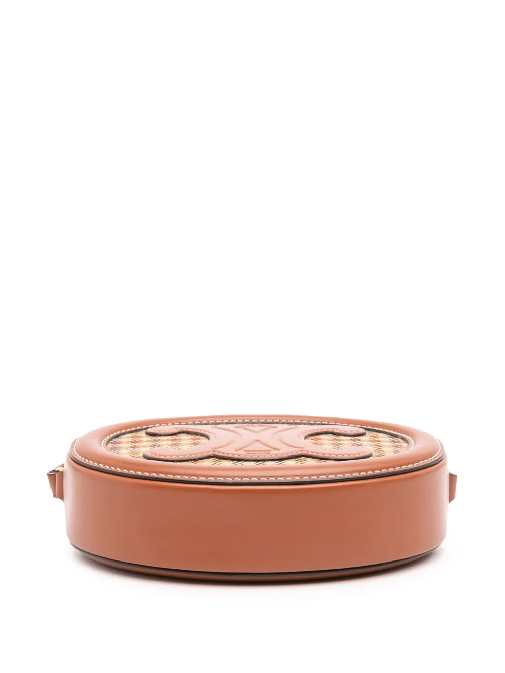 Pre-owned Celine 2022 Small Houndstooth Canvas And Calfskin Cuir Triomphe Oval Crossbody Bag In Brown