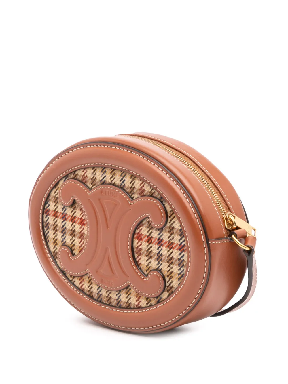 Pre-owned Celine 2022 Small Houndstooth Canvas And Calfskin Cuir Triomphe Oval Crossbody Bag In Brown