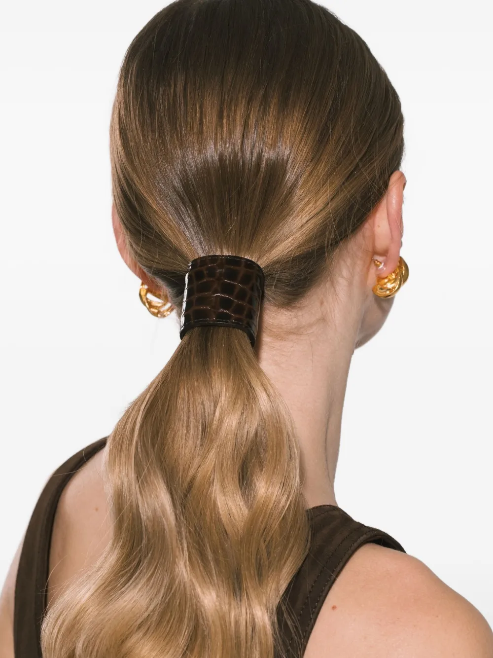 Jennifer Behr Croc Embossed Leather Ponytail Wrap In Brown