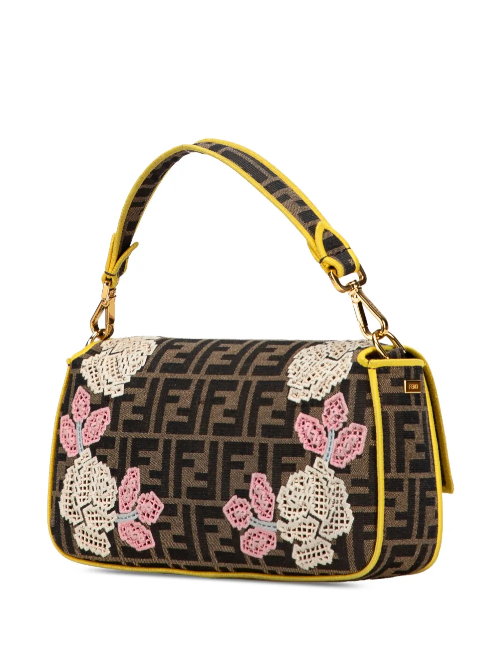Pre-owned Fendi 2000-2010 Zucca Embroidered Canvas Floral Baguette Satchel In Brown