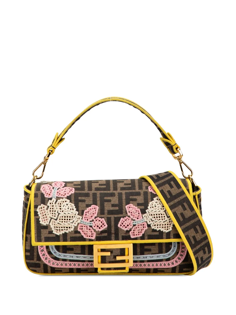 Pre-owned Fendi 2000-2010 Zucca Embroidered Canvas Floral Baguette Satchel In Brown