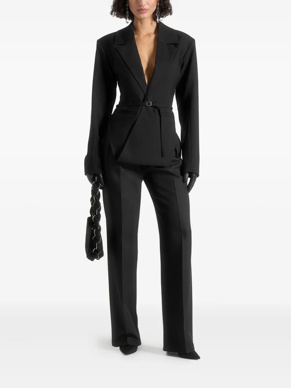Manière De Voir Yuna Plunge-tailored Belt Blazer In Black