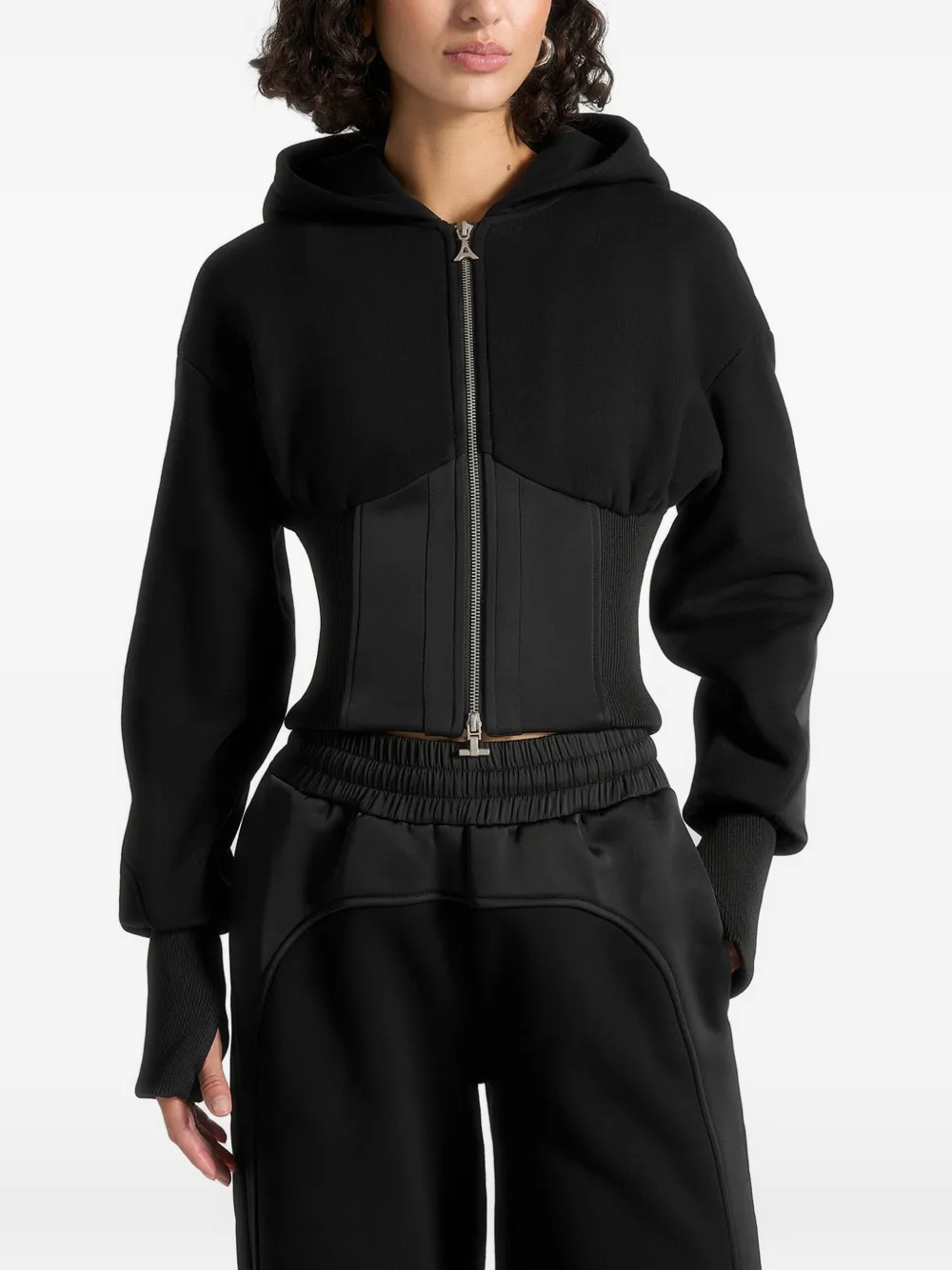 Manière De Voir Brune jersey en satijnen hoodie met rits en korset Zwart