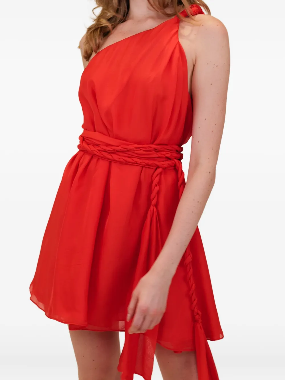 Azeeza Rodite One-shoulder Braided-belt Mini Dress In Red