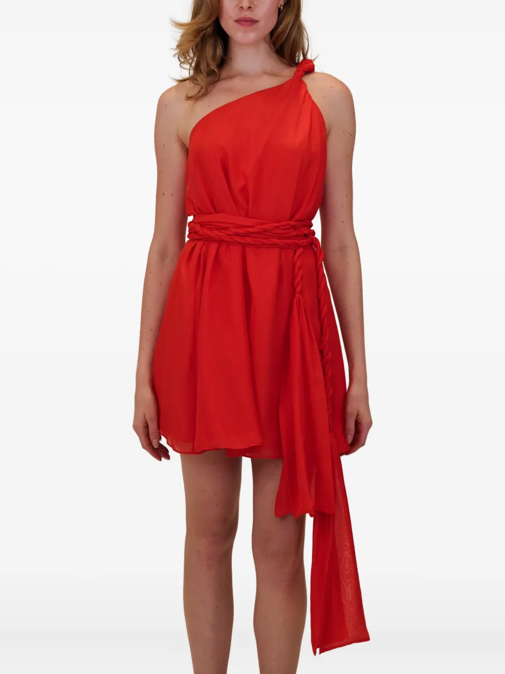 Azeeza Rodite One-shoulder Braided-belt Mini Dress In Red